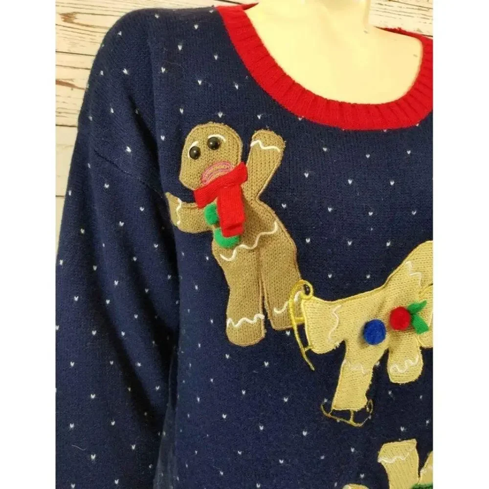 Christmas Sweater Holiday Gingerbread Man cool sunglasses navy blue XL